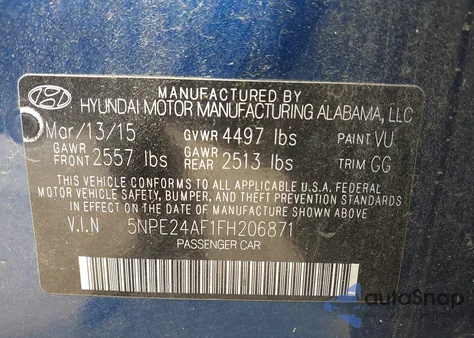 2015 Hyundai Sonata Se from USA, damaged, VIN 5NPE24AF1FH206871